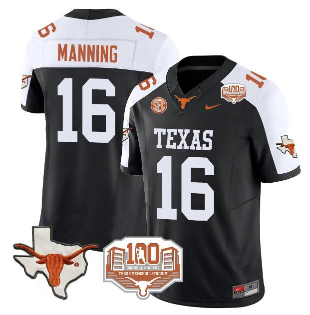 Men's Texas Longhorns #16 Peyton Manning Black/White F.U.S.E 100 years of Darrell K Royal Map & SEC Patch Stitched Jersey Men's Texas Longhorns #16 Peyton Manning Black/White F.U.S.E 100 years of Darrell K Royal Map & SEC Patch Stitched Jersey